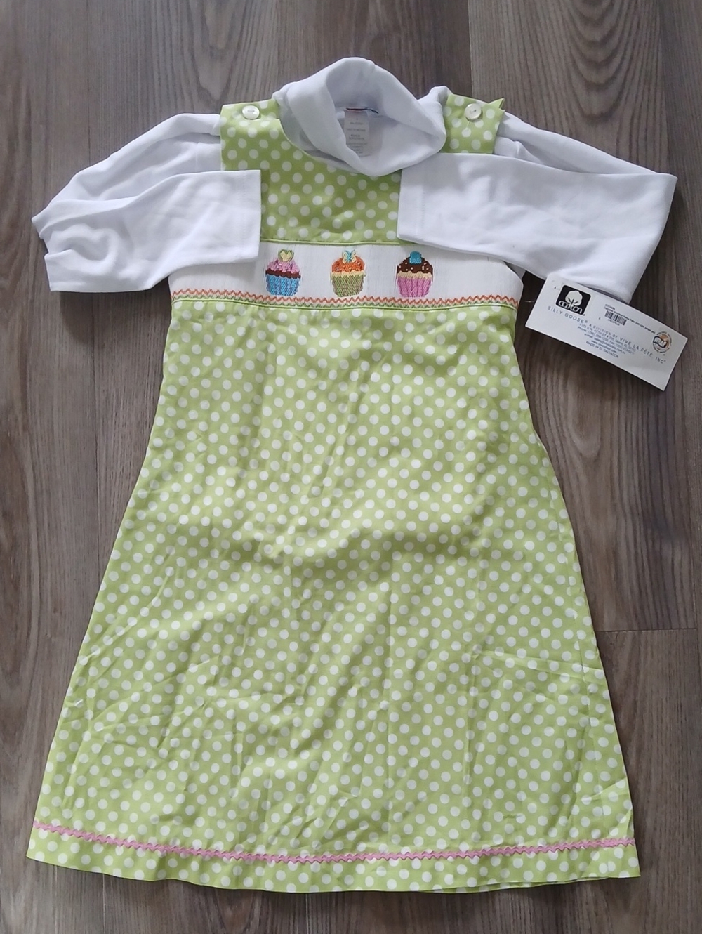 Silly Goose Hand Smocked Cupcake Polka Dot Jumper Dress Set NWT Size 6